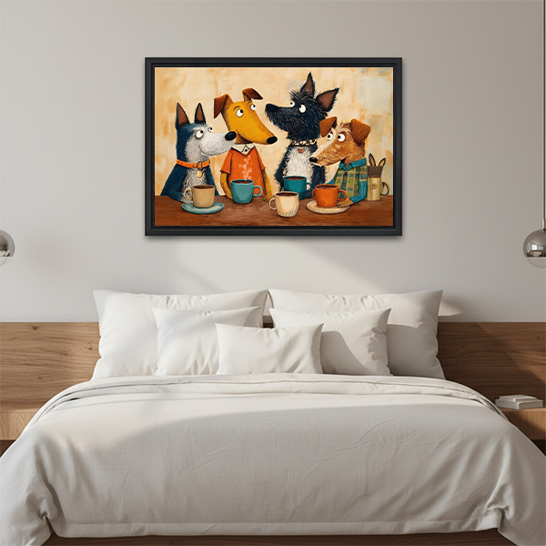 Cartoon dogs coffee framed wall art print bedroom decor whimsical animal canvas
