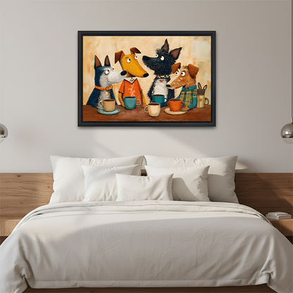 Cartoon dogs coffee framed wall art print bedroom decor whimsical animal canvas