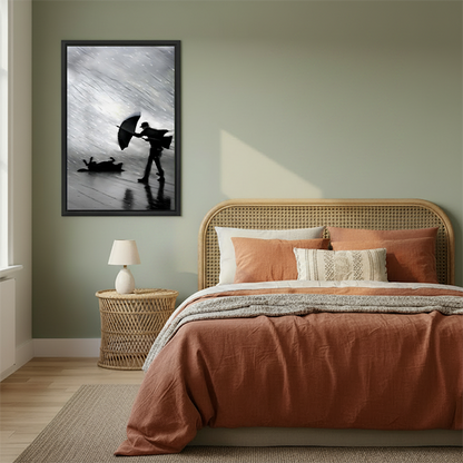 Funny rainy day silhouette framed canvas wall art in boho bedroom – black white humorous photography print beside rattan headboard
