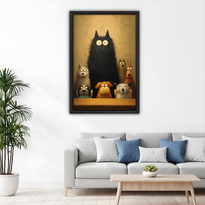 Big black cat boss dogs vintage oil painting framed print above sofa, funny pet wall art for living room
