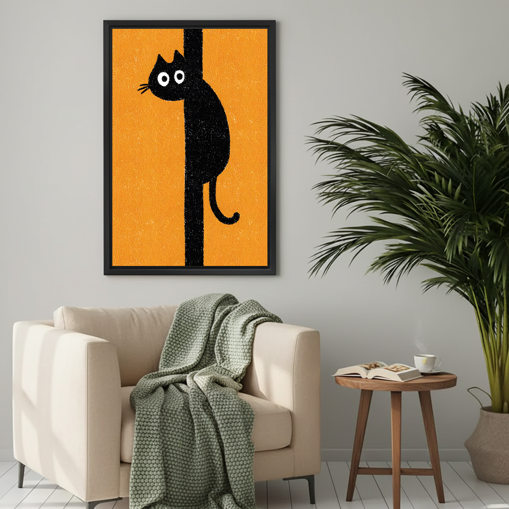 Funny black cat clinging to pole cartoon framed wall art print on bold orange background above beige armchair in cozy living room