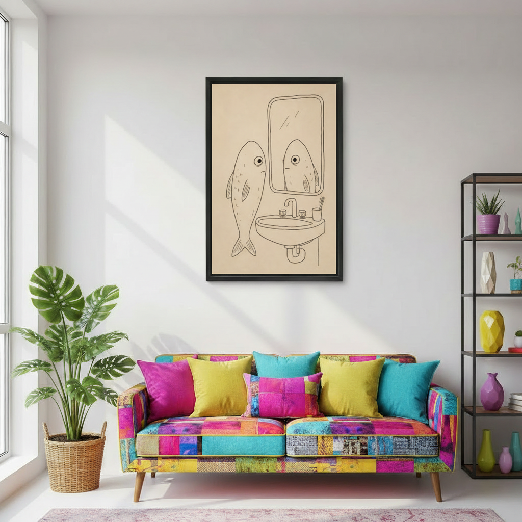 Fish looking in mirror minimalist line art framed print, black frame, hung above colorful sofa in a bright eclectic living room
