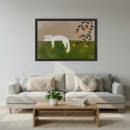 White Cat Minimalist Folk Art Framed Wall Art Above Sofa – Stylish Cat Print for Modern Living Room Decor