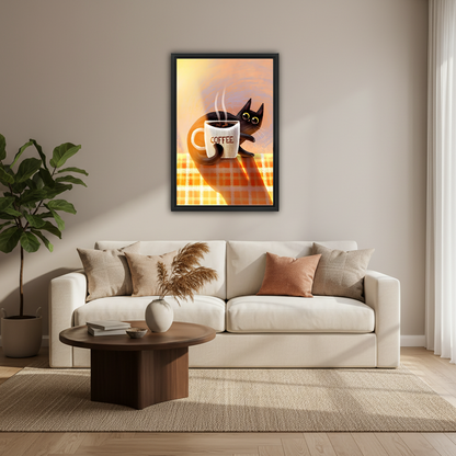 Black cat coffee illustration warm orange cozy art black framed canvas wall art above cream sofa in bright Scandinavian living room