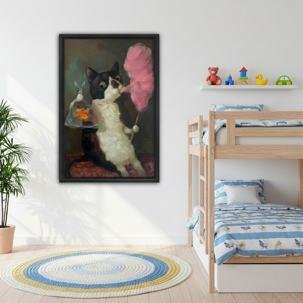 Whimsical tuxedo cat with pink cotton candy framed art print in kids bedroom wall decor