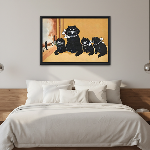 Vintage black cat family framed wall art above sofa – retro whimsical canvas print for living room