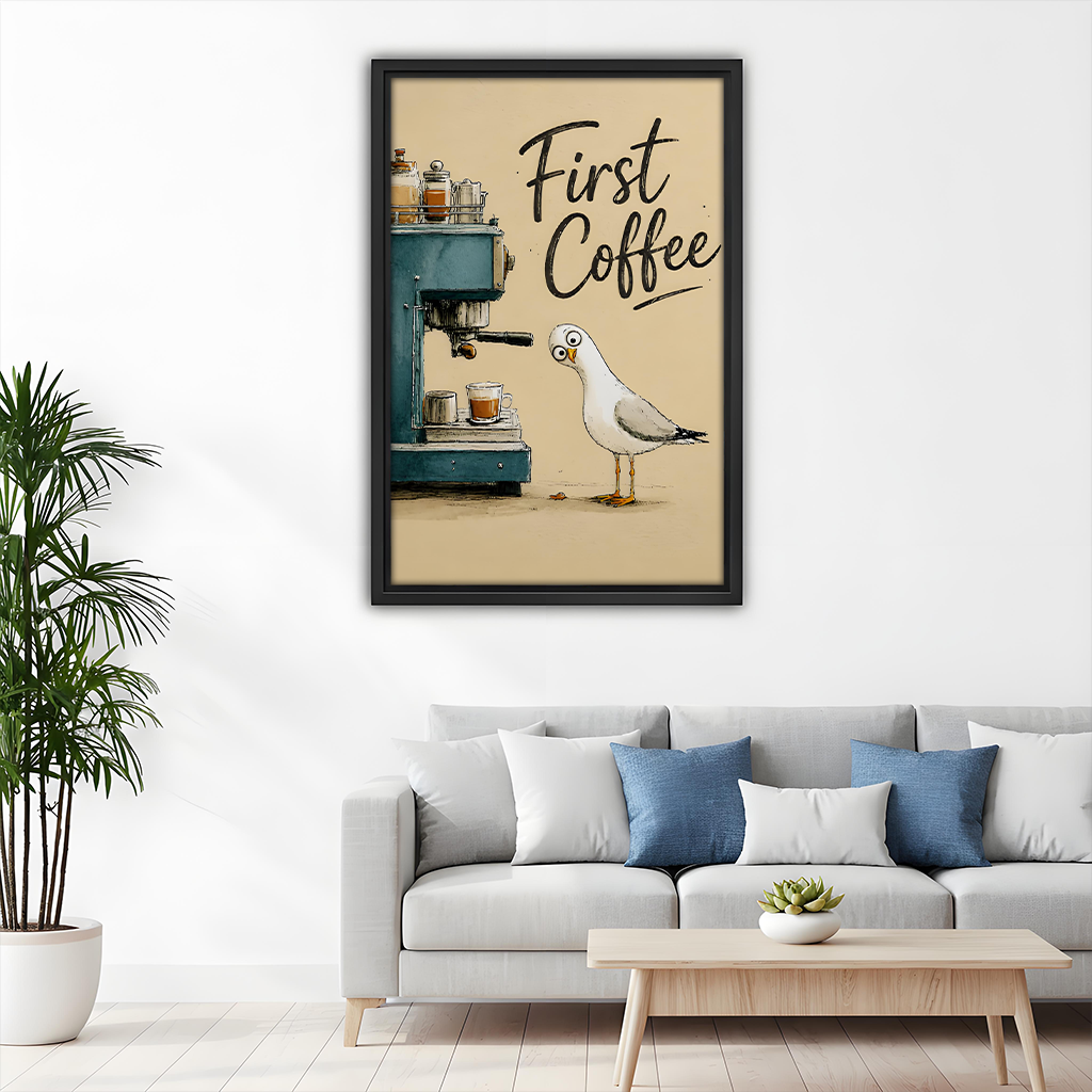 First Coffee Funny Seagull Framed Wall Art Print l2996