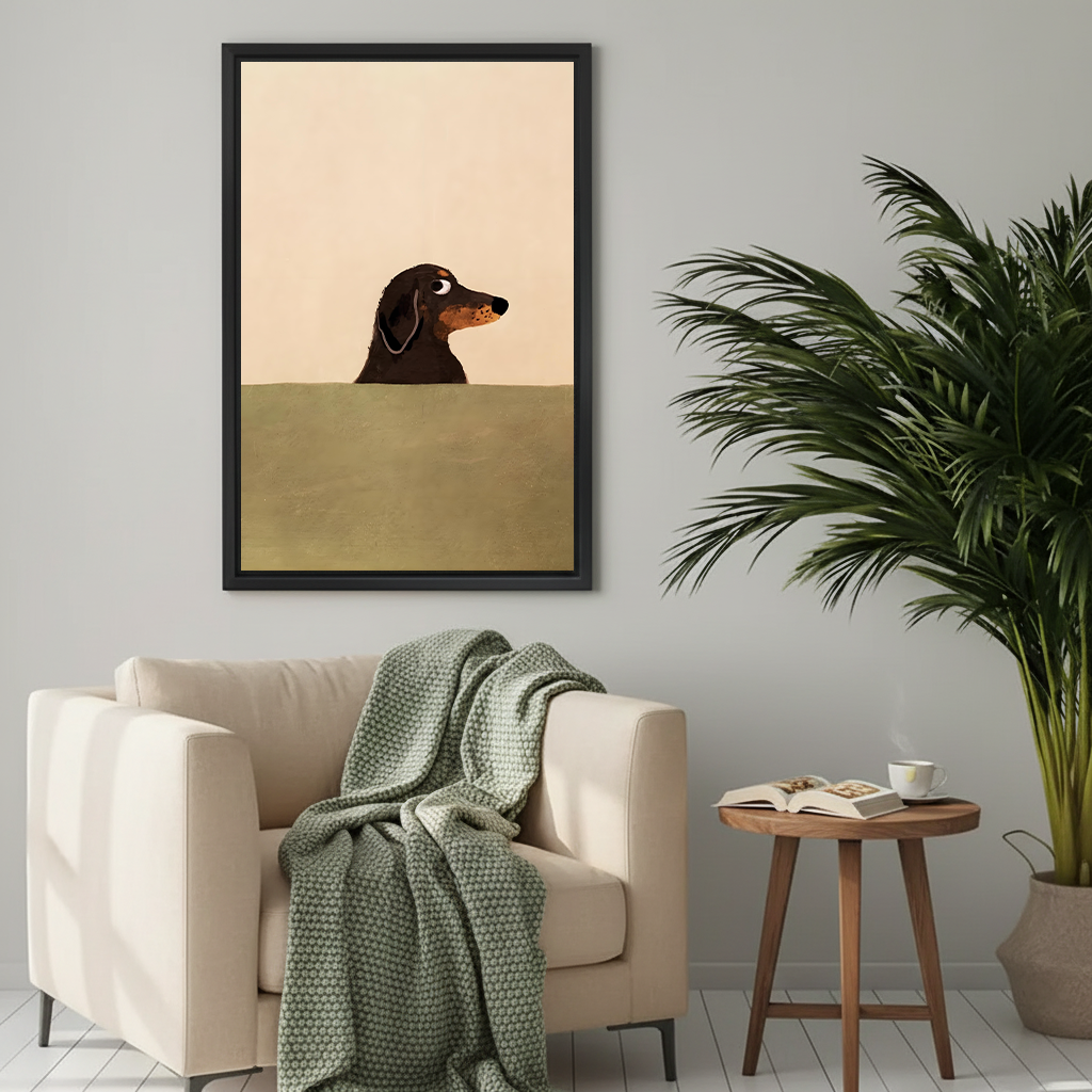 Framed dachshund dog art print with earthy tones styled in cozy neutral living room
