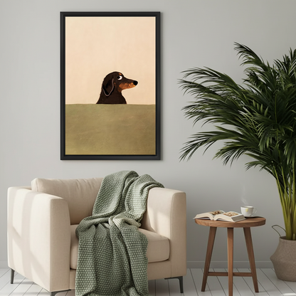 Framed dachshund dog art print with earthy tones styled in cozy neutral living room
