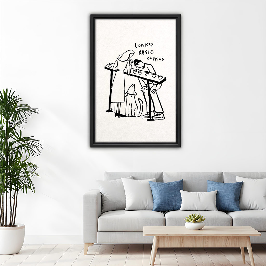 Lowkey basic cupping barista line art framed print above sofa, minimalist coffee wall art for living room
