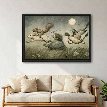 Unframed moonlit animal adventure canvas wall art above a wooden console, featuring a rabbit, turtle, and flying duck.
