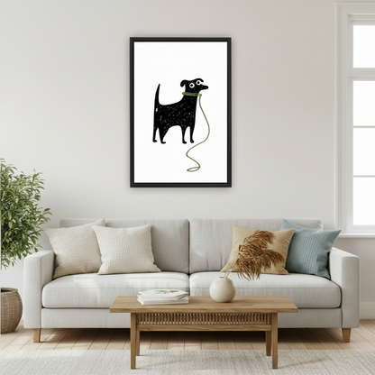 Framed minimalist dog illustration canvas print on neutral wall above a modern sofa — home decor art