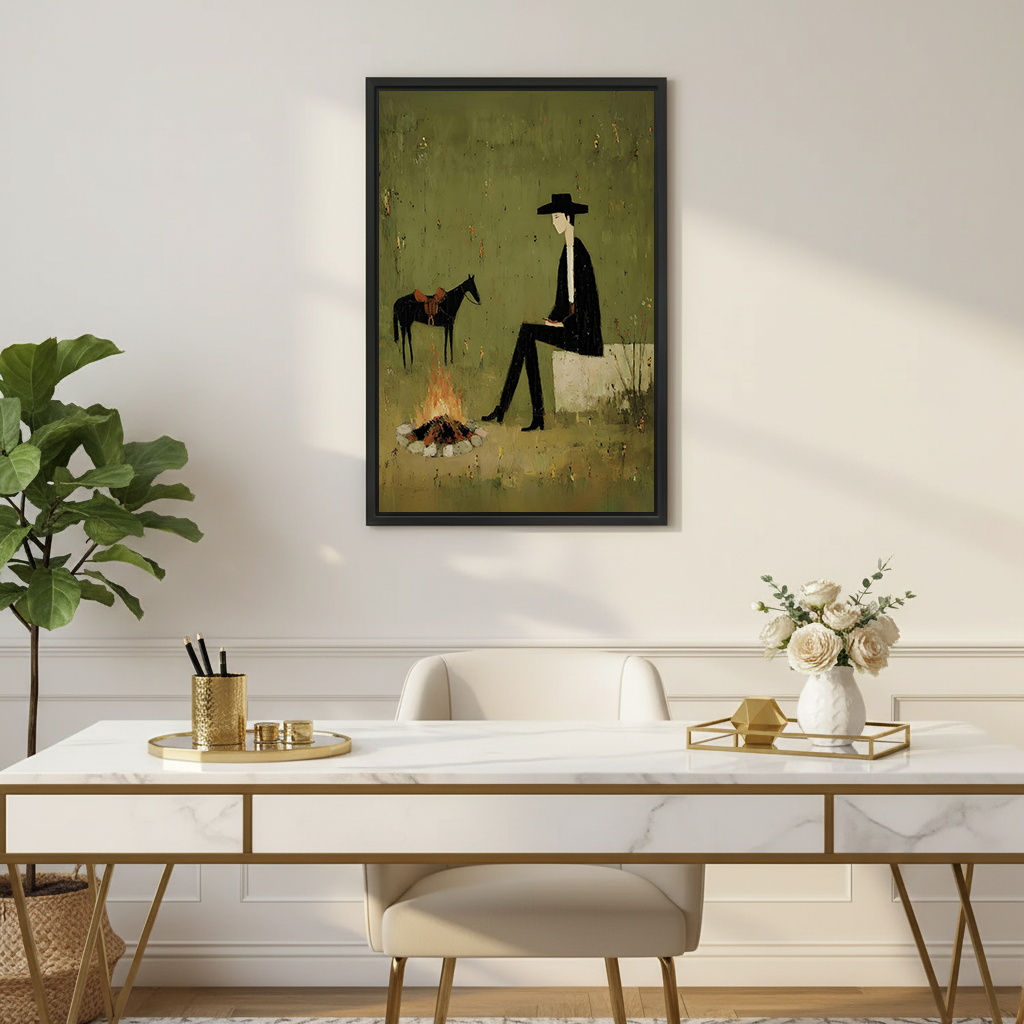 Framed vintage cowboy campfire canvas wall art displayed above a sofa in a bright living room