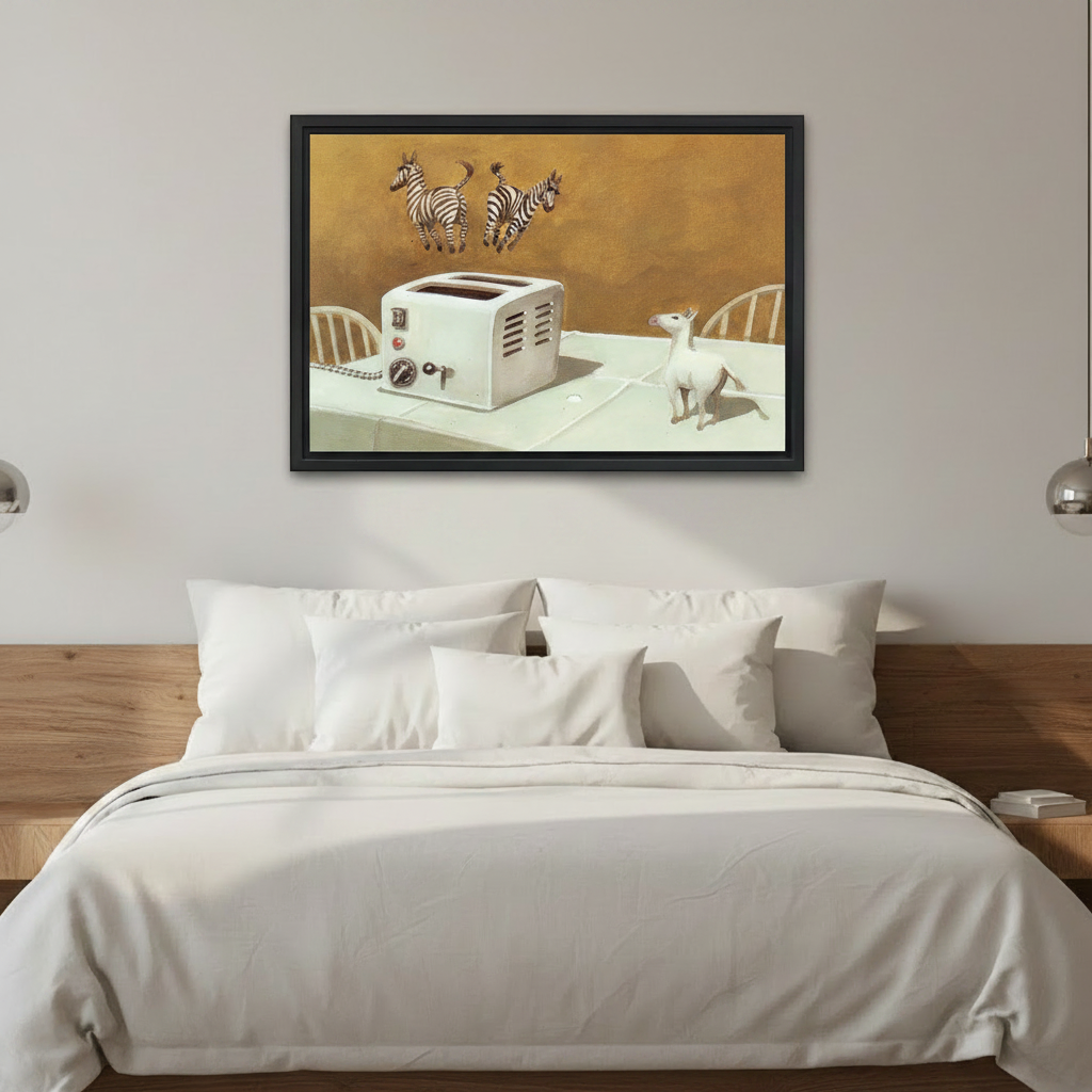 Surreal zebra toaster framed canvas print above bedroom headboard — quirky whimsical wall art for modern home