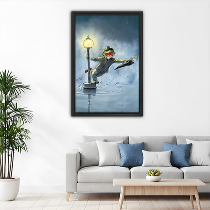 Dancing frog in the rain retro framed canvas print above gray sofa – funny vintage Hollywood wall art in Scandinavian living room
