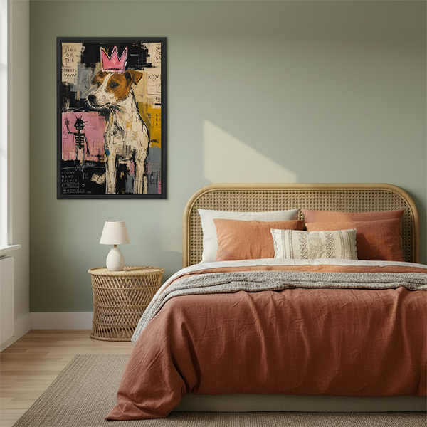 Basquiat style dog with crown street art framed canvas wall art hanging in boho bedroom above rattan bed with terracotta bedding