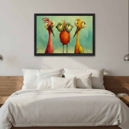 Three funny birds framed canvas wall art above bed, whimsical colorful bird print bedroom decor