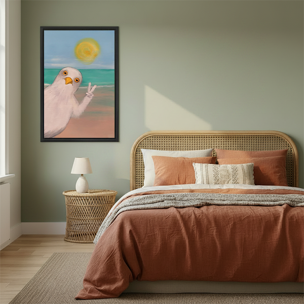 Cute coastal bird wall art with peace sign in boho bedroom decor