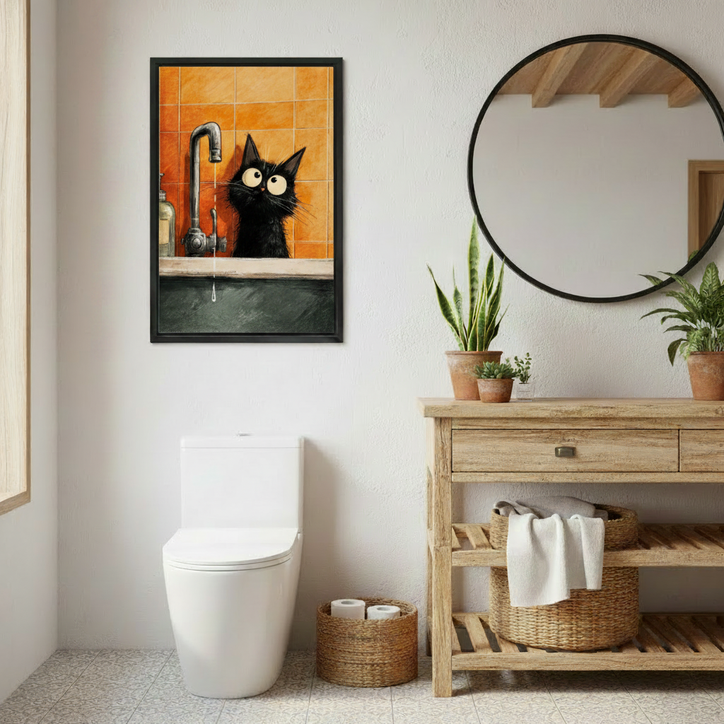 Funny Black Cat Bathroom Wall Art Canvas Print l2030