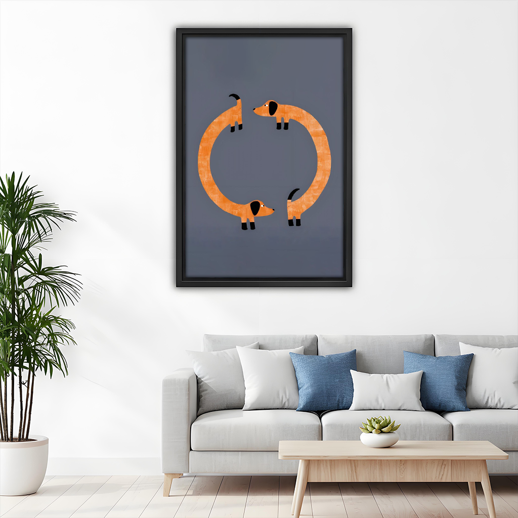 Dachshund circle canvas wall art above sofa – slate blue minimalist dog print for living room
