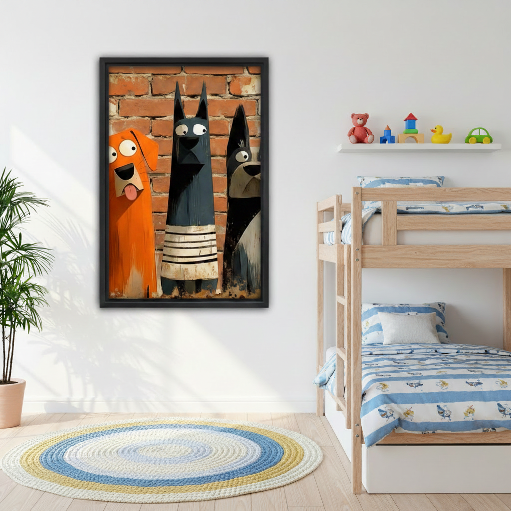 Graffiti three dogs brick wall canvas wall art in black frame in kids room beside bunk bed, funny cartoon orange black grey dogs print