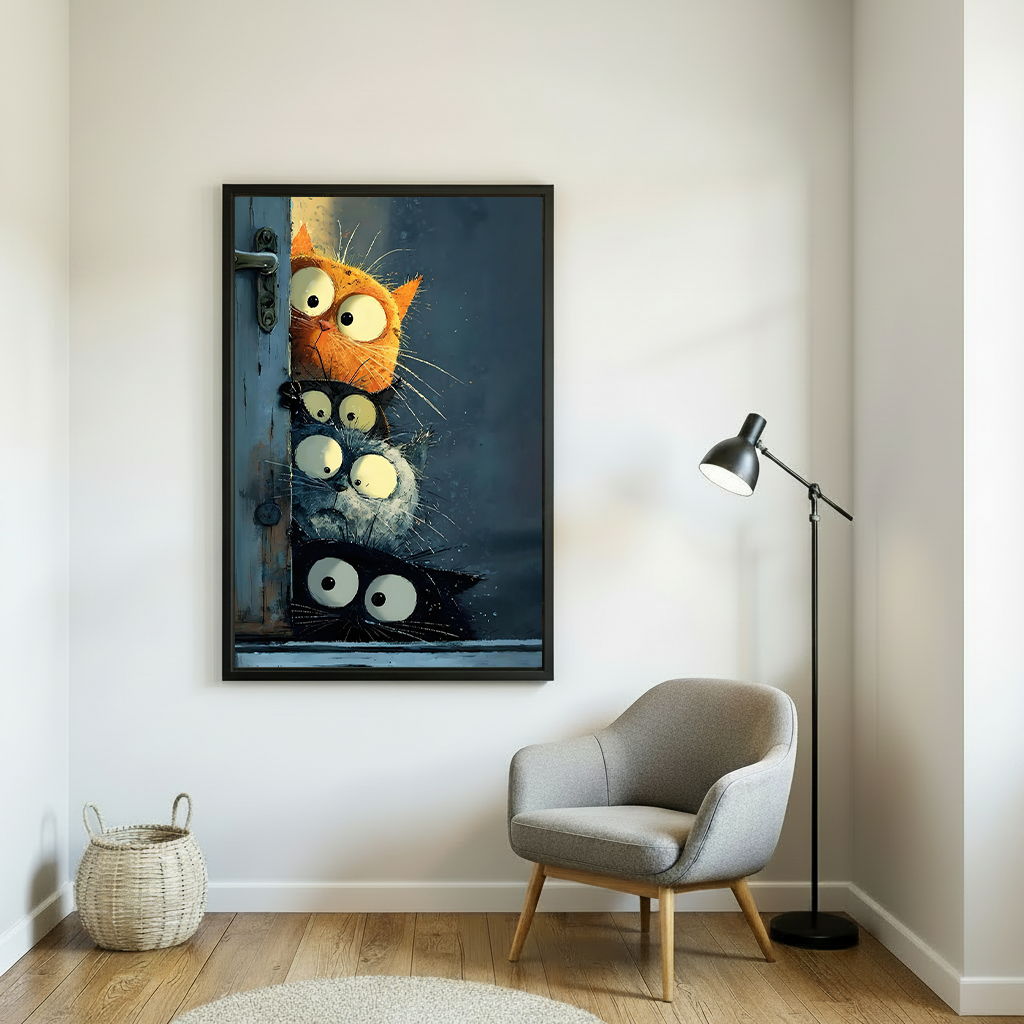 Four curious cats stacked vertically peeking around vintage distressed blue wooden door orange black grey white and black cats all with wide round eyes funny whimsical oil painting style framed wall art hung on white wall beside grey rounded armchair with black arc floor lamp wicker basket and round rug on wooden floor in Scandinavian reading nook