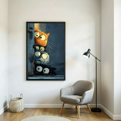 Four curious cats stacked vertically peeking around vintage distressed blue wooden door orange black grey white and black cats all with wide round eyes funny whimsical oil painting style framed wall art hung on white wall beside grey rounded armchair with black arc floor lamp wicker basket and round rug on wooden floor in Scandinavian reading nook