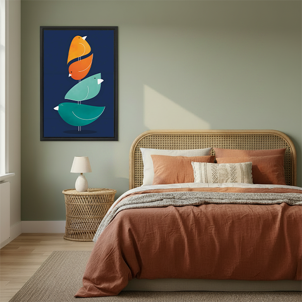 Geometric stacked birds framed canvas wall art print bedroom decor mid-century modern teal orange
