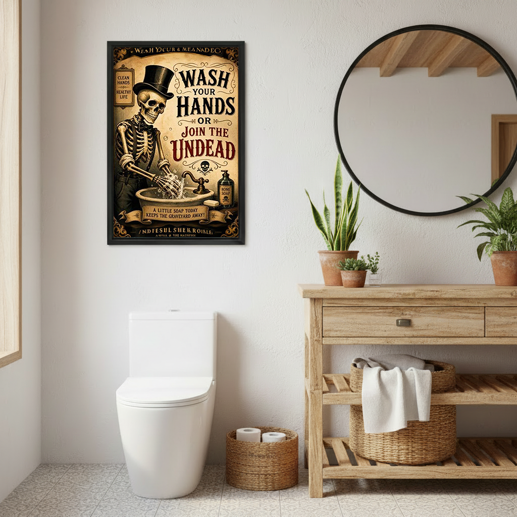 Vintage Gothic Skeleton Wash Your Hands Canvas Wall Art | Framed & Unframed l4910