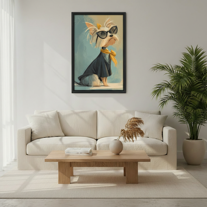 Fashionable Yorkshire Terrier Wearing Sunglasses and Black Cape Framed Print – Vintage Fashion Wall Art for Living Room