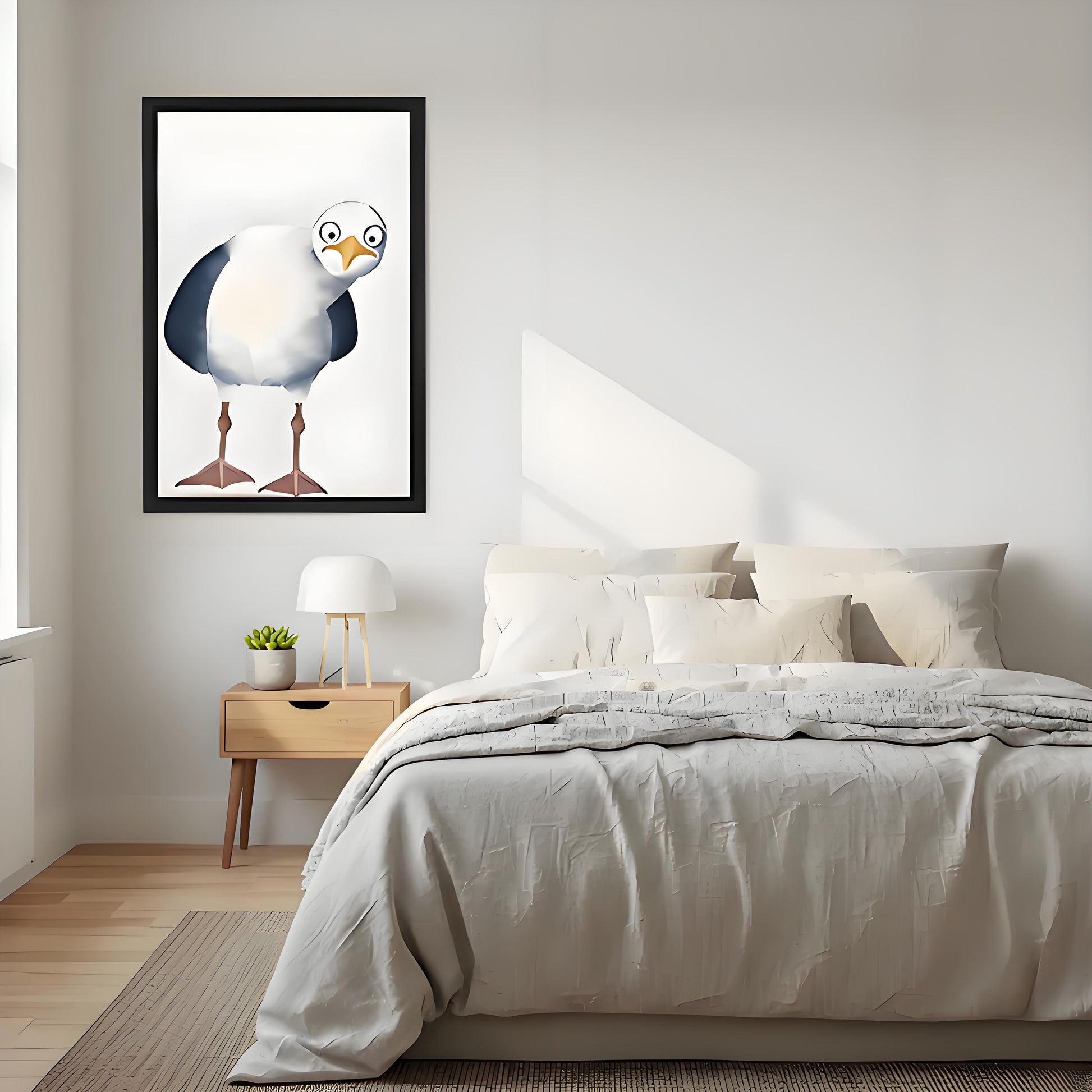 Funny seagull wall art print in black frame hung above bedroom nightstand, whimsical bird illustration for coastal home decor