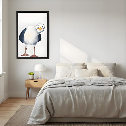 Funny seagull wall art print in black frame hung above bedroom nightstand, whimsical bird illustration for coastal home decor