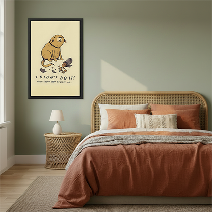 Funny guilty dog I didn't do it framed canvas wall art in sage green bedroom – humorous cartoon dog print beside rattan headboard
