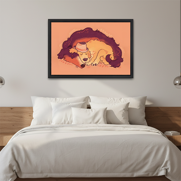 Cartoon Sleeping Dog Hat Framed Art Print Bedroom Wall Decor above Bed