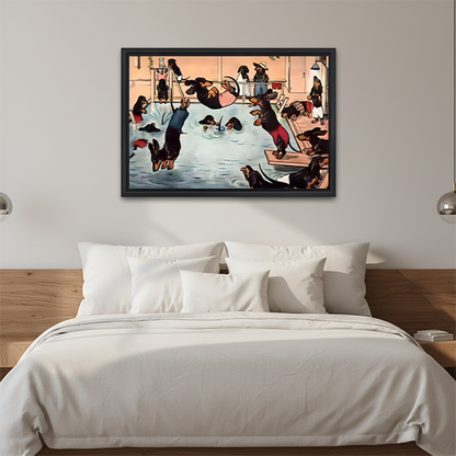 Funny Dachshund Pool Party Illustration Framed Art Print Bedroom Wall Decor