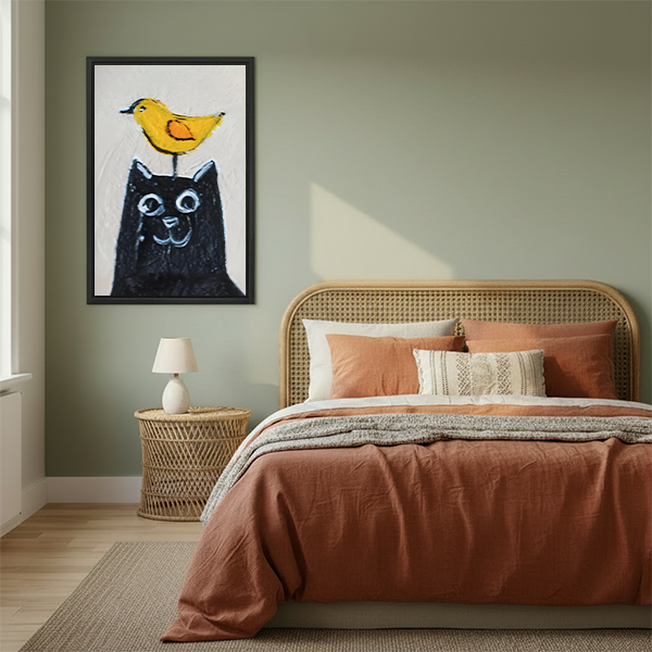 Black cat yellow bird framed canvas wall art print bedroom decor whimsical animal painting