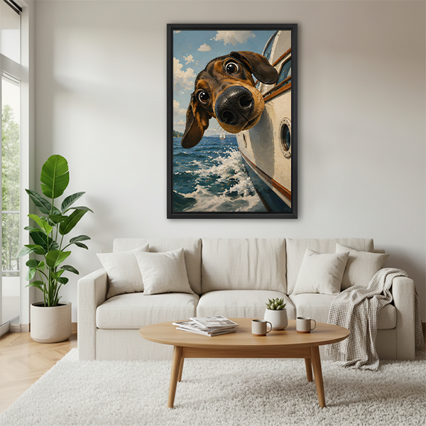 Funny dachshund leaning out of speedboat on ocean illustration framed wall art above cream sofa in bright modern living room with tropical plants