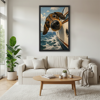 Funny dachshund leaning out of speedboat on ocean illustration framed wall art above cream sofa in bright modern living room with tropical plants