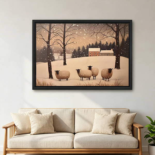 Rustic winter sheep canvas wall art in a black frame displayed above a white bed with a wooden headboard.