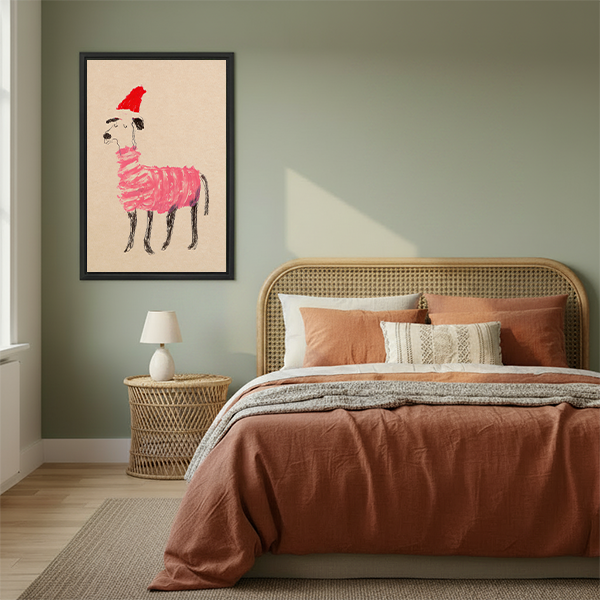Christmas dog pink sweater Santa hat funny crayon sketch framed canvas wall art hanging in cozy boho bedroom above rattan bed with terracotta bedding and rattan nightstand