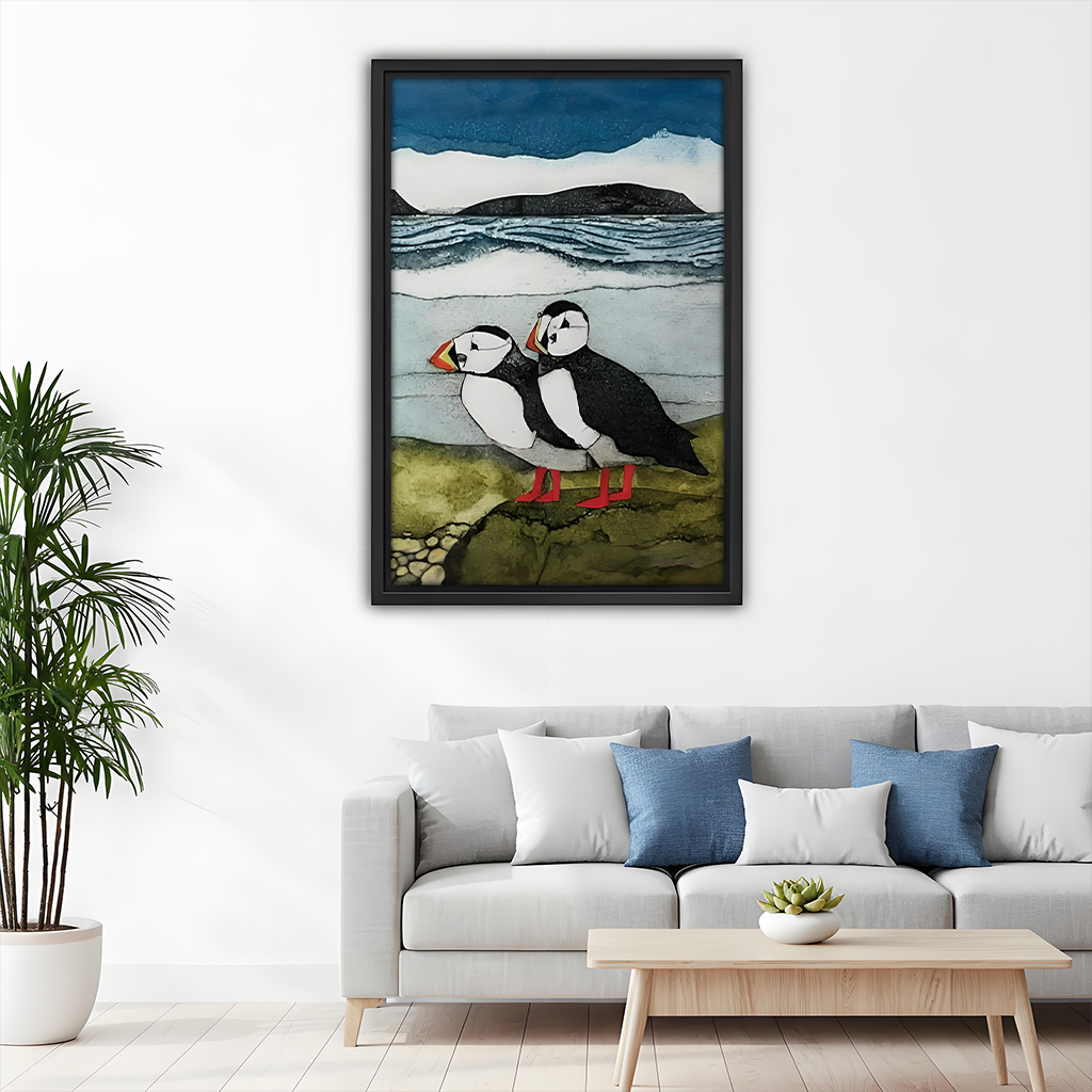 Puffin Pair Coastal Collage Art Framed Wall Art Print Above Sofa Living Room