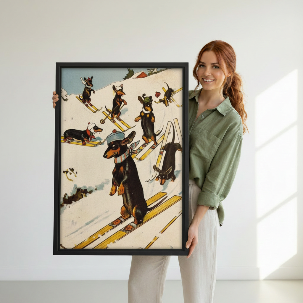 Woman holding large framed vintage dachshund skiing canvas print, retro funny dog ski wall art size reference photo