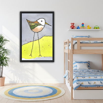 Quirky illustrated sandpiper framed canvas wall art in kids bedroom, whimsical yellow dune bird print for children's room decor