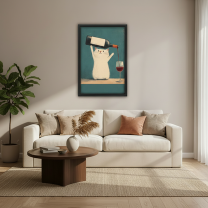 Humorous white cat raising wine bottle red wine glass teal vintage illustration float frame canvas wall art above cream sofa with round dark wood coffee table and fiddle leaf fig in minimalist living room
