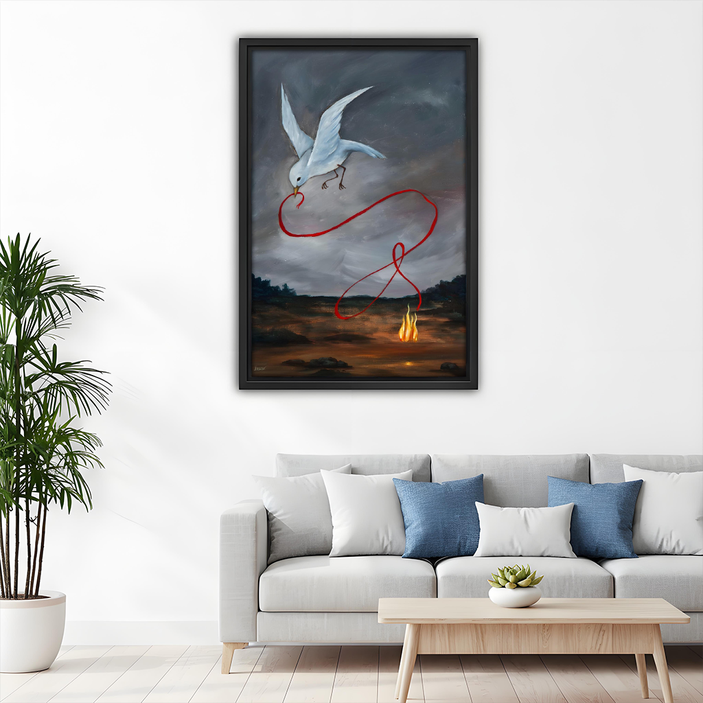 Moody surreal bird red thread wall art print above sofa, dark statement living room decor