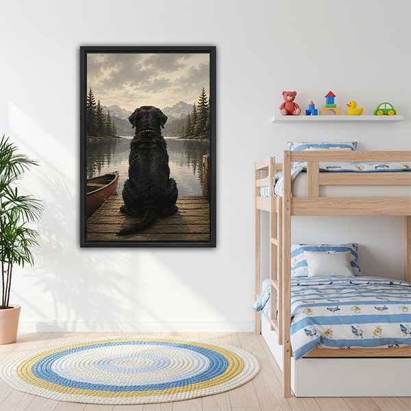 Black Lab lake painting framed wall art displayed in kids bedroom rustic decor