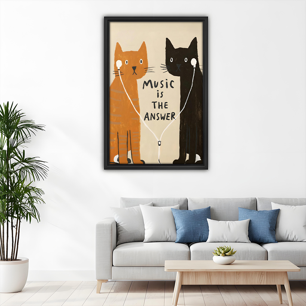 Bold music cat wall art print in black frame above gray sofa in minimalist living room with blue cushions