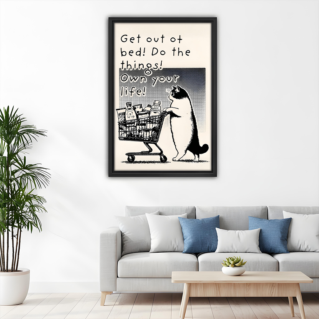 Cat Shopping Cart Motivational Retro Poster Framed Wall Art Print Above Sofa Living Room