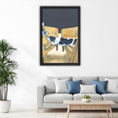 Modern funny dog wall art print in black frame above gray sofa in minimalist Scandinavian living room