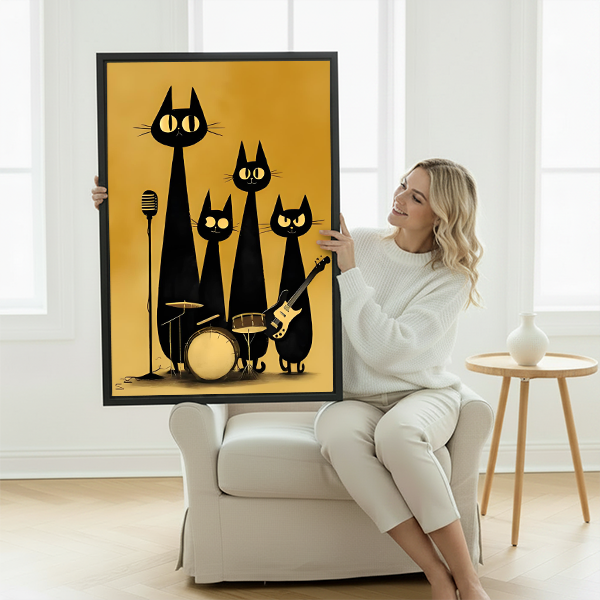 Smiling woman holding black cat jazz band retro gold framed wall art in white armchair